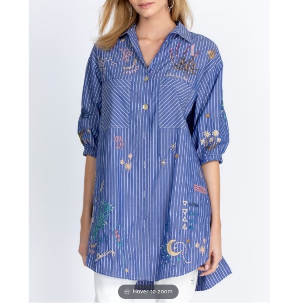 Johnny Was Sezane Weekend Oversized Tunic size XS Blue Striped Embroidere